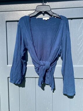Zen Knits Stretchy Crop Cardigan Navy 3/4 Sleeve Tie Front wrap top. L